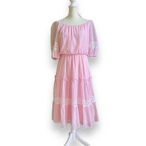 Vintage Roberta California Light Pink Puff Sleeve Midi Prairie Dress | S…